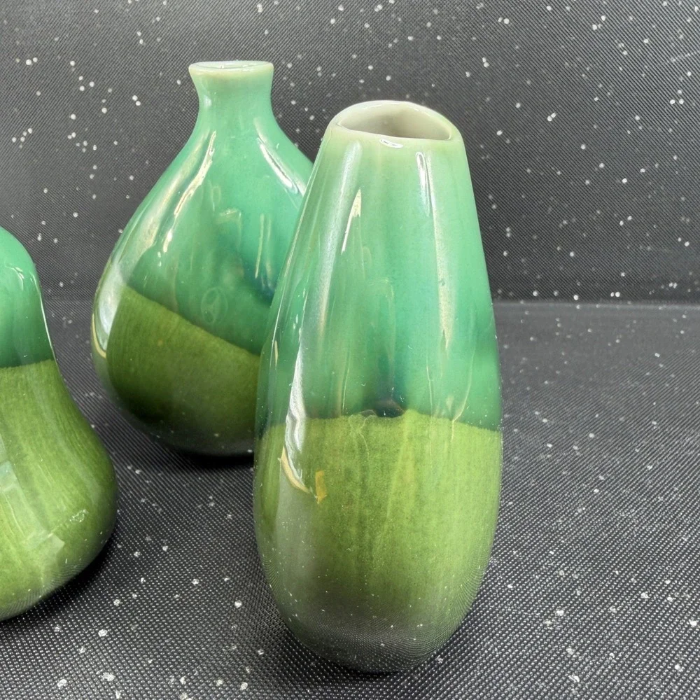 IKEA 3 Piece Bud Vase Set Green Two Tone Glazed Ceramic Organic Shape 4.5 Inch